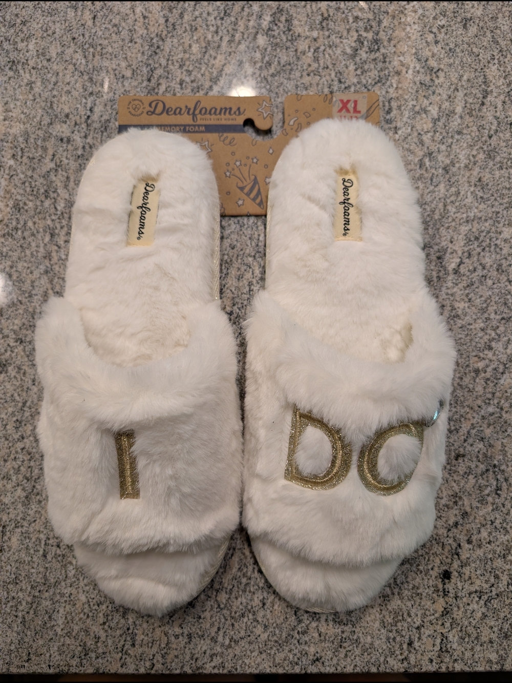 dearfoams Cream Plush Slide Slippers with Gold Embroidery